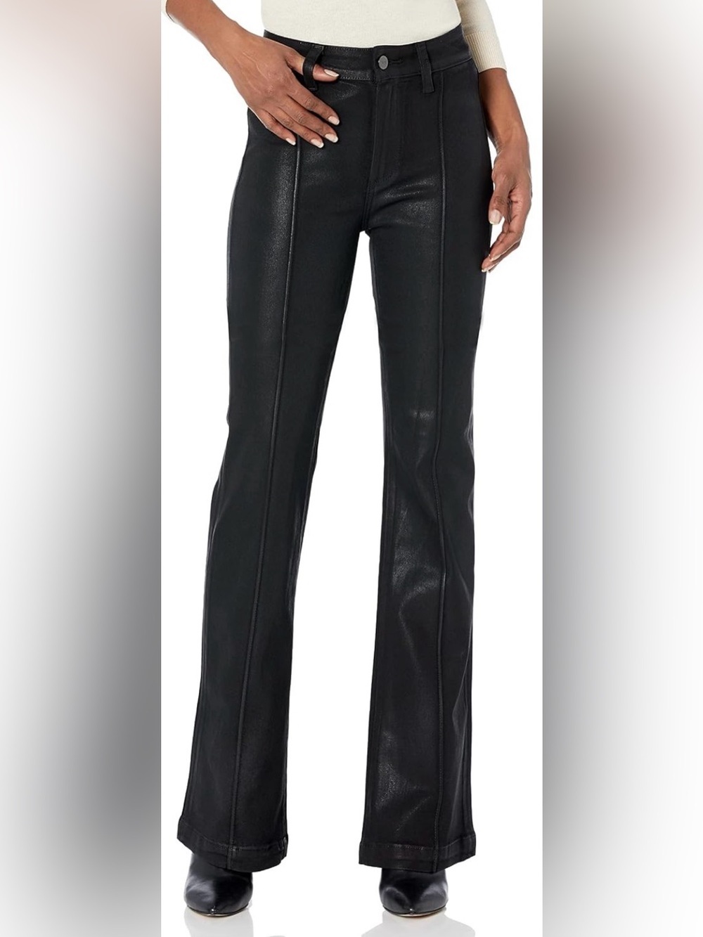 PAIGE Jeans Laurel Canyon High Rise Black Fog Luxe Faux Leather Front Seam Flare